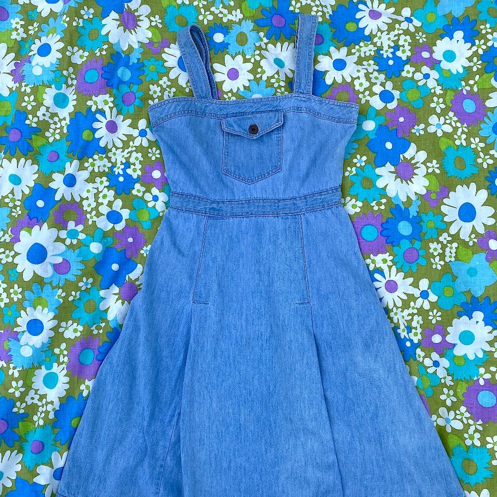 Vintage 1970s 1980s Blue Denim Sundress Boho Bohemian Hippie Denim Sundress Jump